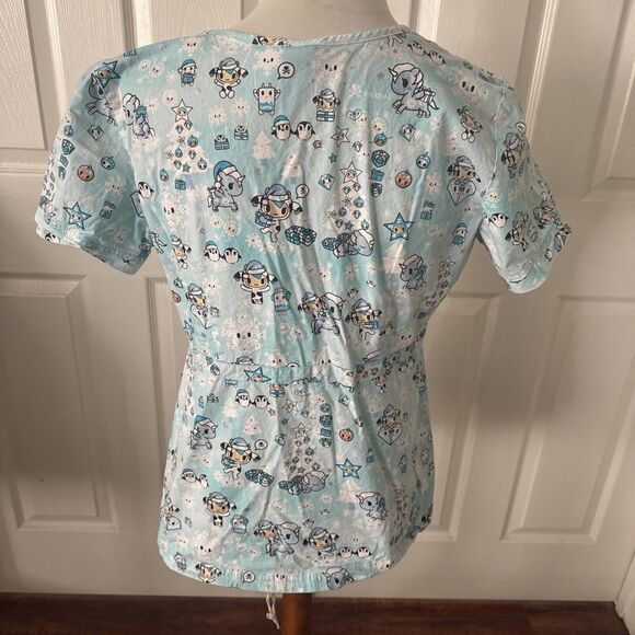 Tokidoki by Koi Womens Medium Blue Cartoon Print Scrub Top Pockets Medical Nurse - Picture 10 of 16